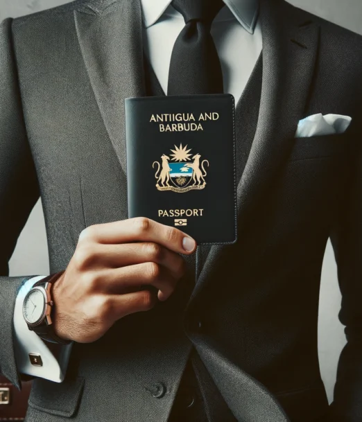 DALL·E 2024-05-20 21.21.41 - A modern image of a gentleman holding an Antigua and Barbuda passport in his hand. The gentleman should be dressed in a professional suit, with the fo