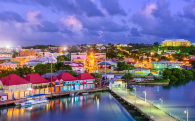 St. John's, Antigua port and skyline at twilight.